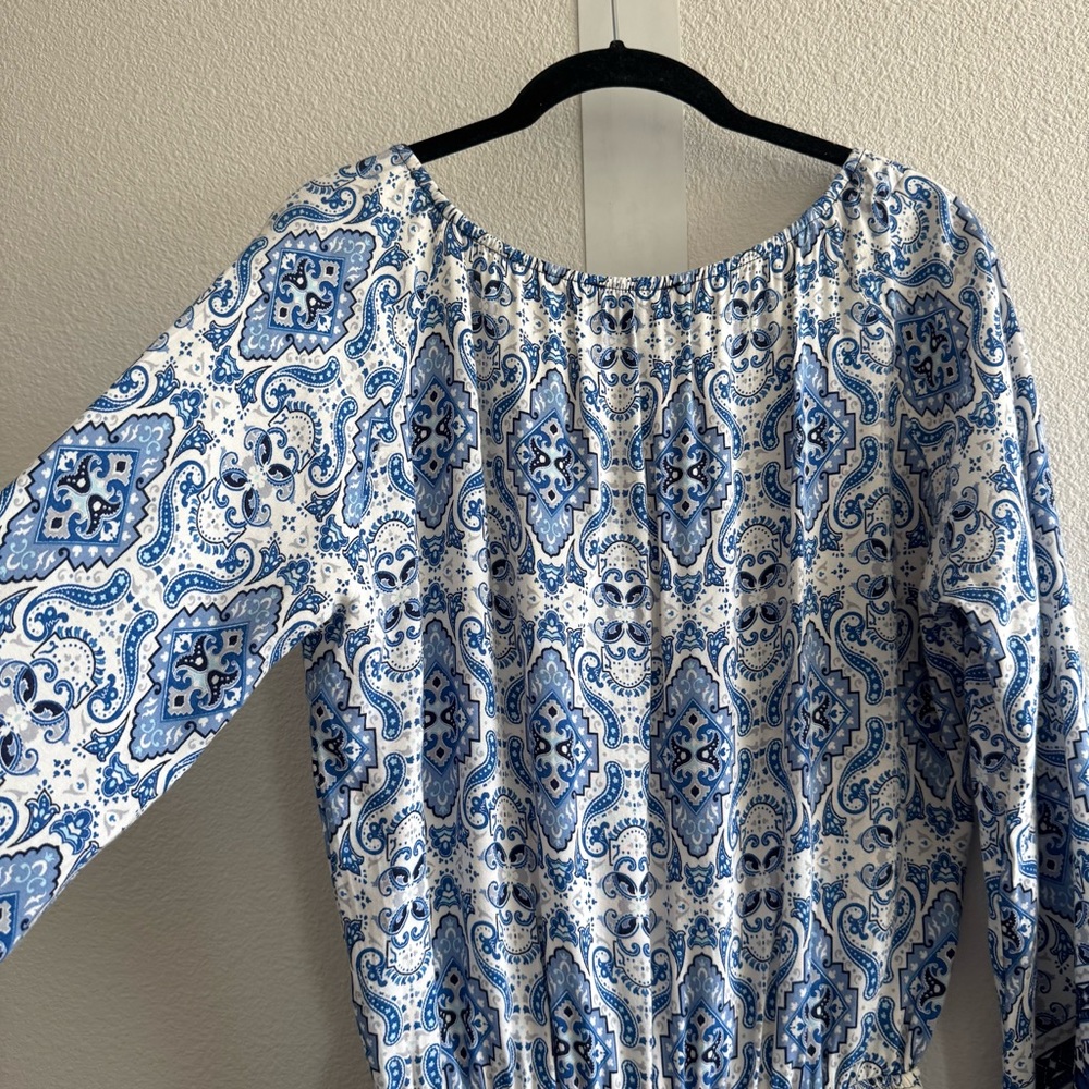 Athropologie Elevenses Basia Romper Long Sleeve V Neck Boho Blue Coastal Resort - Picture 9 of 13